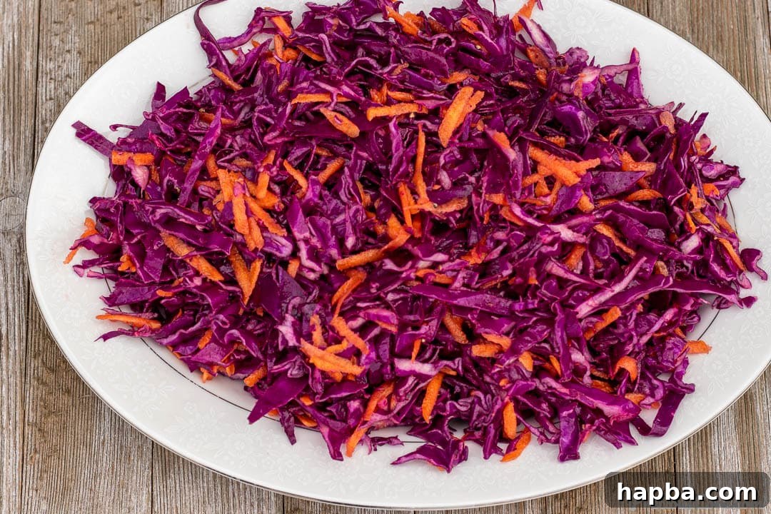 Crimson Crisp Slaw 3 Colorful Cabbage Slaw served on a white platter, showcasing its fresh ingredients