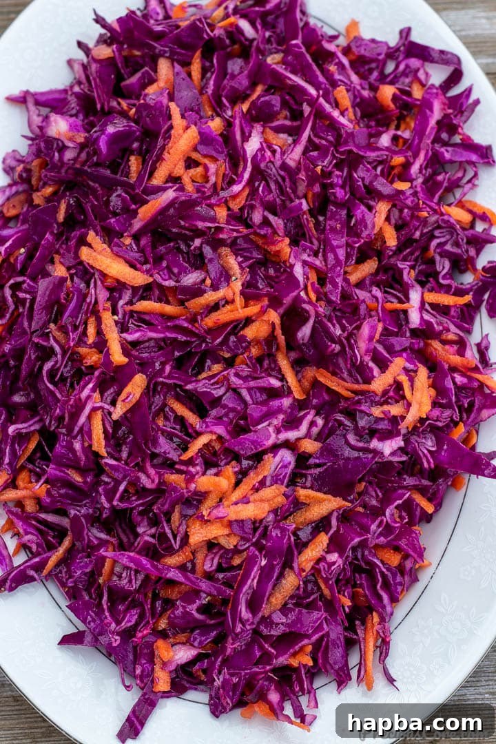 Crimson Crisp Slaw 4 Close-up shot of the purple Red Cabbage Slaw with visible carrot shreds