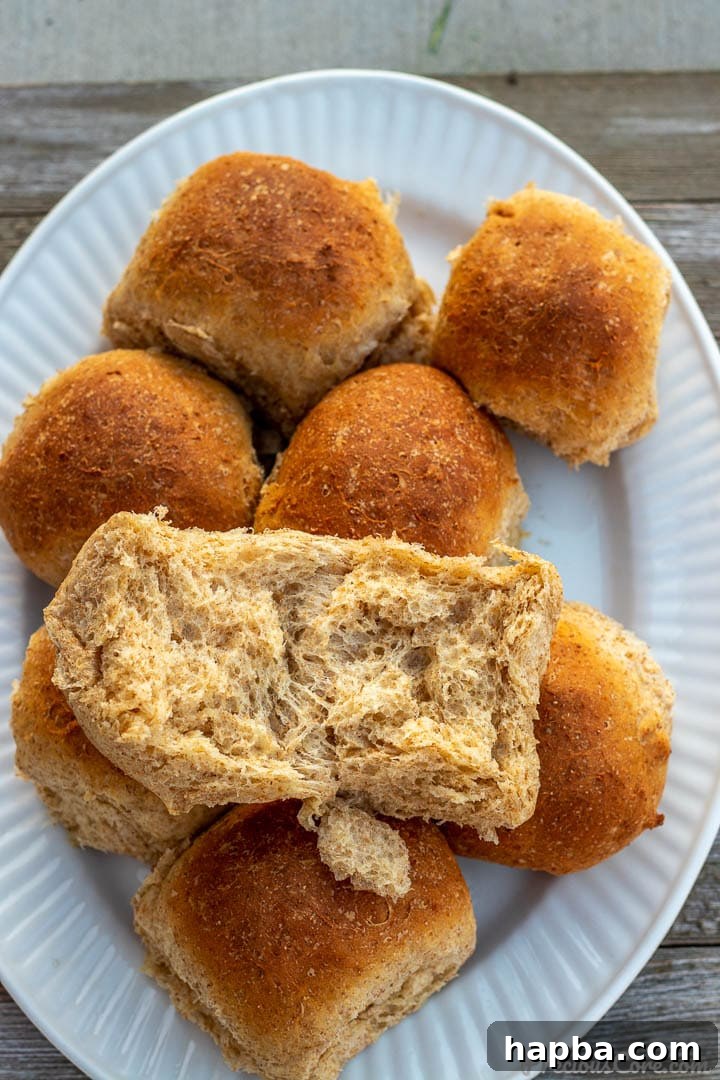 Golden wheat rolls displayed on a platter, with one roll expertly torn open to reveal its perfectly soft and airy internal texture.