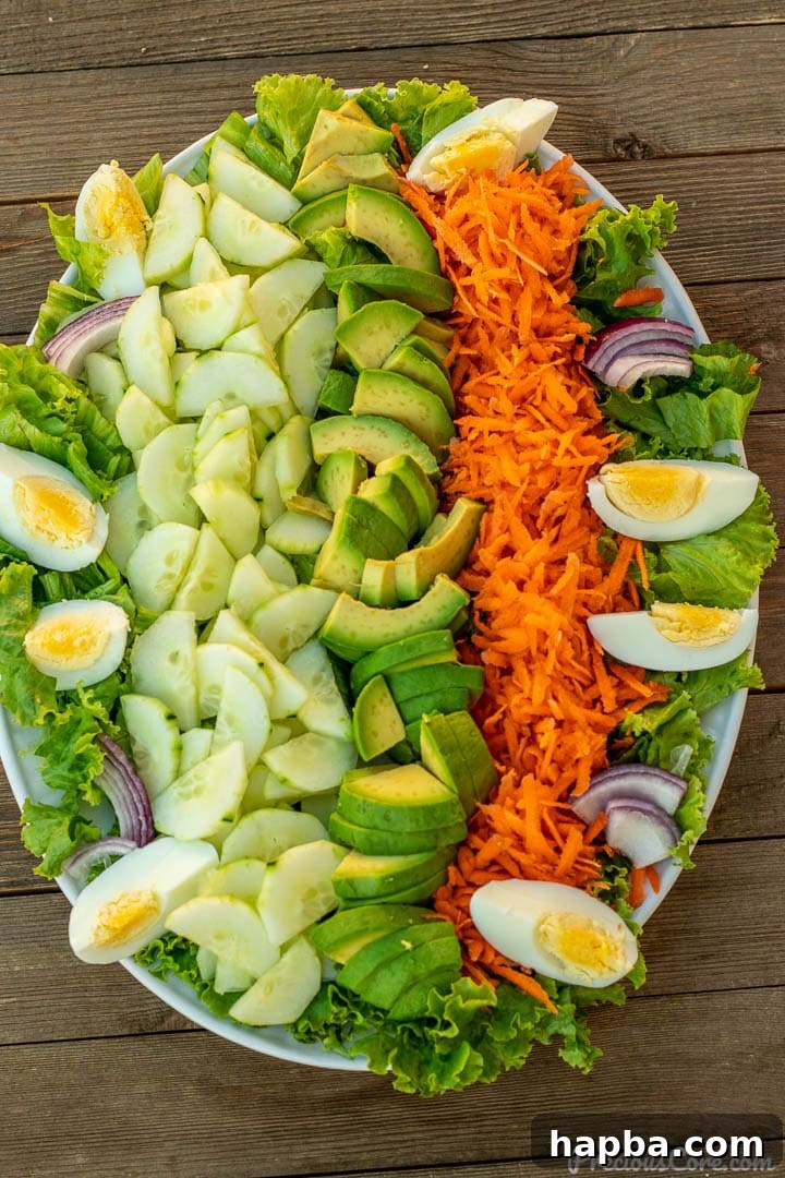 A large serving platter beautifully arranged with a colorful assortment of vegetables for the lettuce salad, including lettuce, cucumber, carrots, avocado, and eggs.