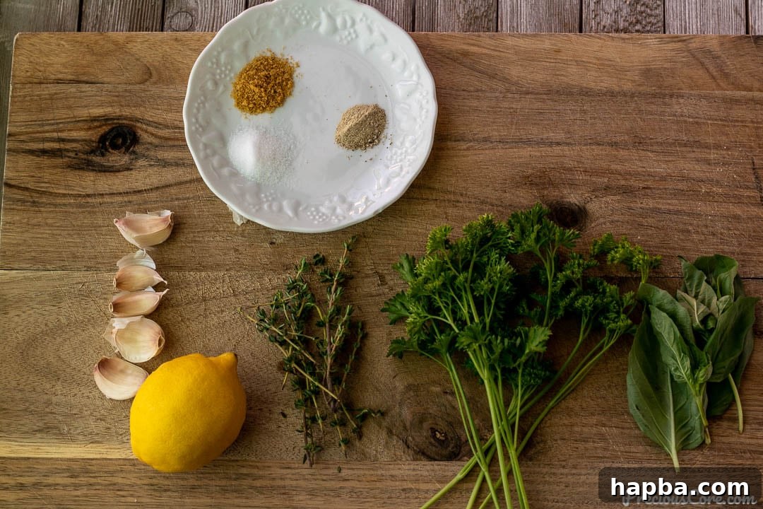 A vibrant selection of fresh herbs and spices, including thyme, parsley, basil, garlic, and a lemon, prepared for the marinade.