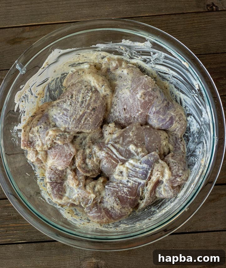 Chicken thighs marinating in a creamy yogurt and spice blend