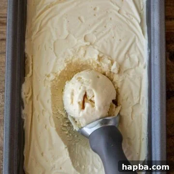 Vanilla ice cream in a loaf pan with a scoop on top, ready to be served.