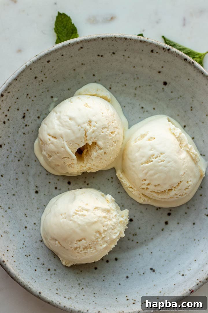 Three generous scoops of homemade vanilla ice cream, perfectly formed and presented in a clear glass bowl, ready to be enjoyed.