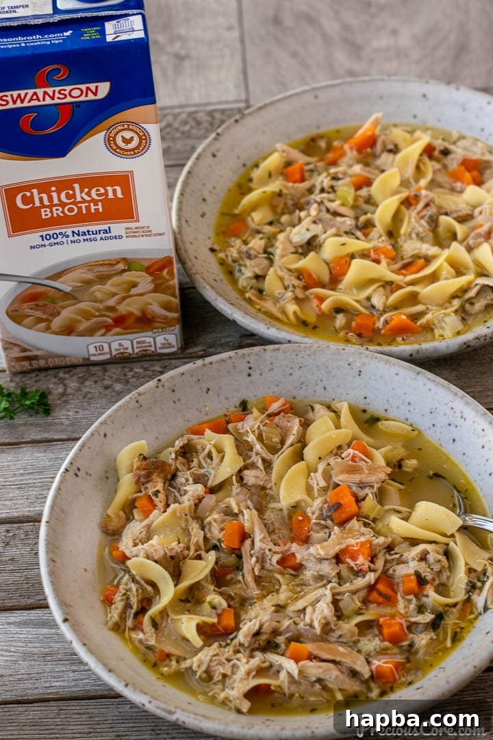 Quick chicken noodle soup served in elegant white bowls, ready to be enjoyed.