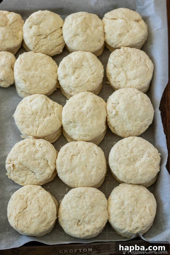 Biscuit dough with visible bits of butter and cream cheese, ready to be rolled and cut on a baking sheet.