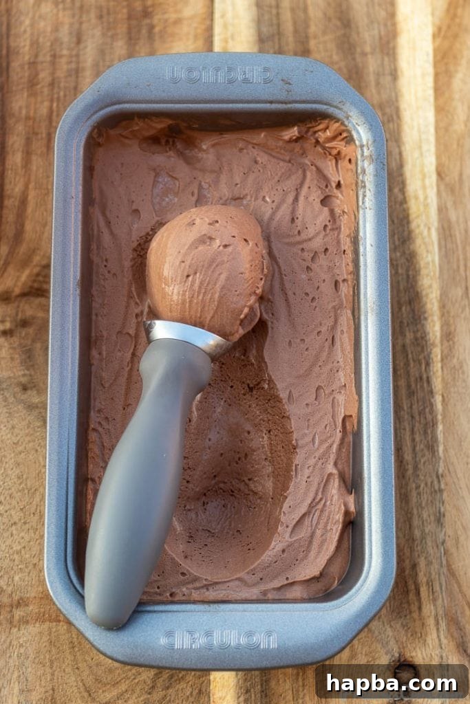 Scoop of ice cream in a loaf pan of chocolate ice cream