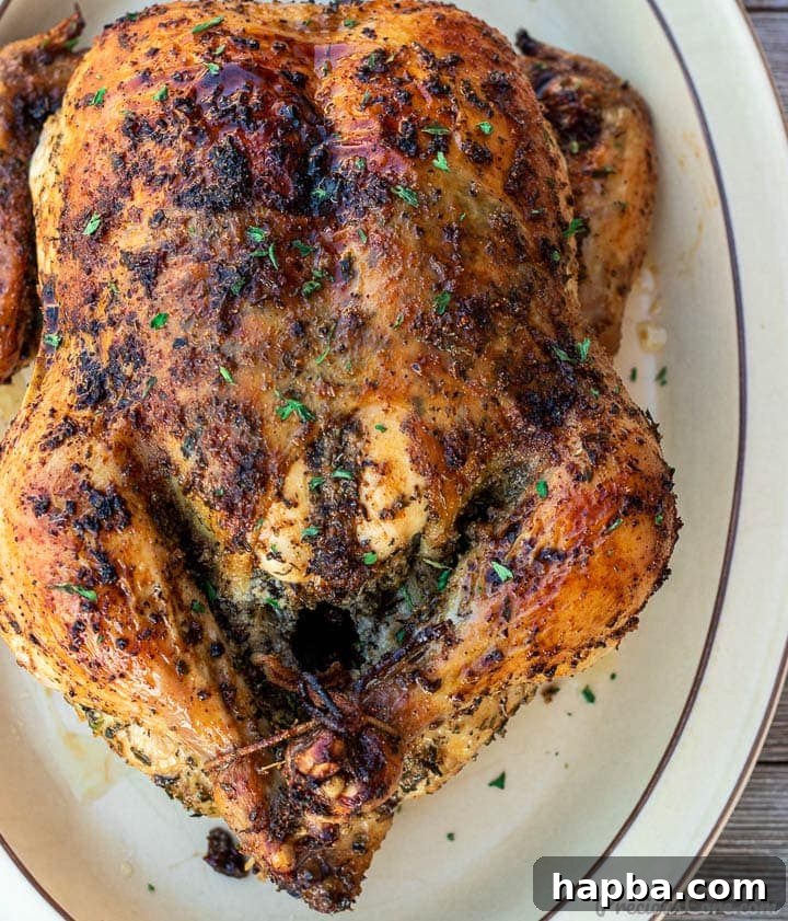Succulent Herb Roasted Chicken 2 Whole herb roasted chicken on a platter, beautifully garnished with fresh herbs and lemon wedges.