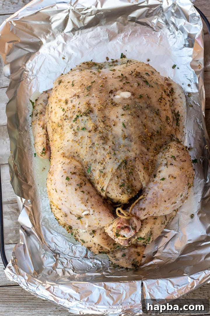 Succulent Herb Roasted Chicken 6 A seasoned whole chicken, expertly tied and prepared for roasting, resting in a sturdy baking dish.