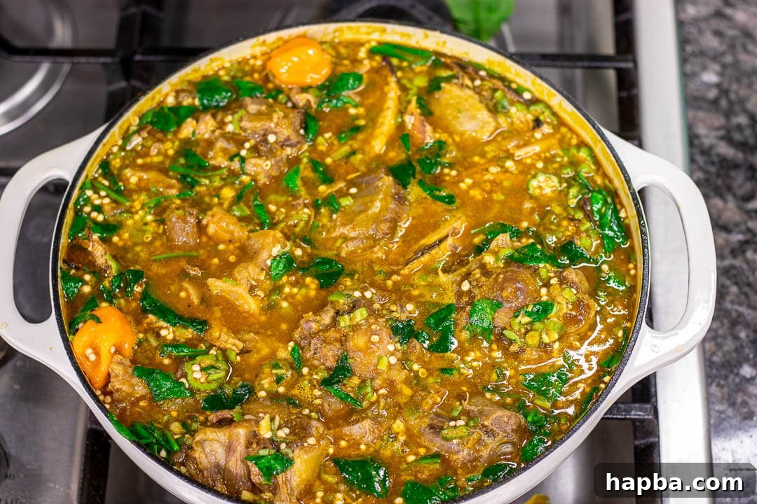 Vibrant African Okra Soup 6 A large pot brimming with richly colored and textured African Okra Soup, freshly prepared and ready to serve.