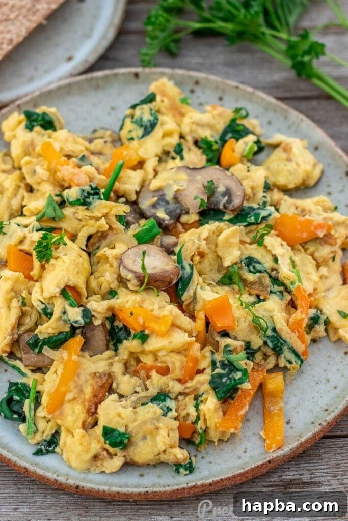 Colorful Morning Scramble 2 Vibrant vegetable scrambled eggs served on a plate, ready to be enjoyed.