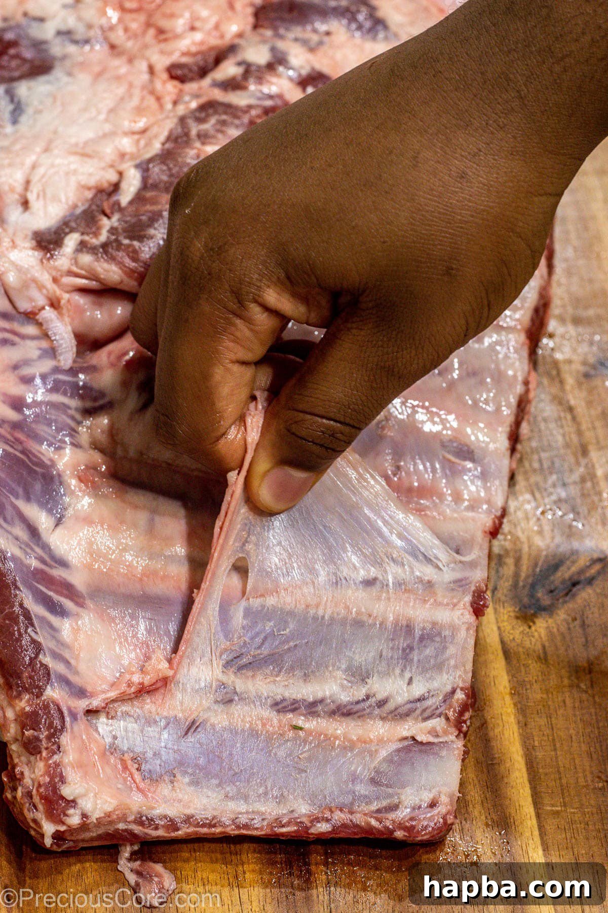 Tender Dry-Rubbed Ribs 4 A hand expertly peeling the thin membrane from the back of a rack of spare ribs on a cutting board.