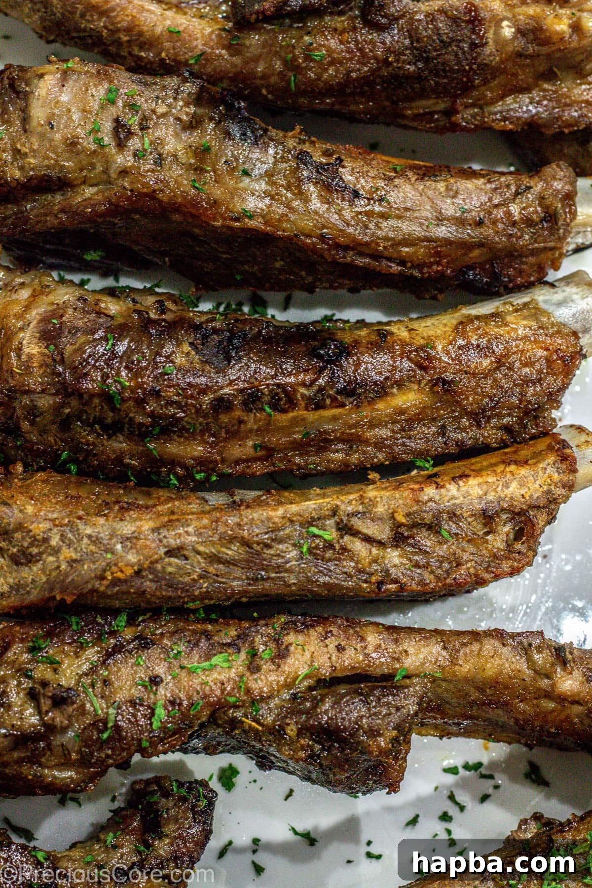 Tender Dry-Rubbed Ribs 7 Beautifully broiled dry rub ribs arranged on a white serving platter, ready to be enjoyed.