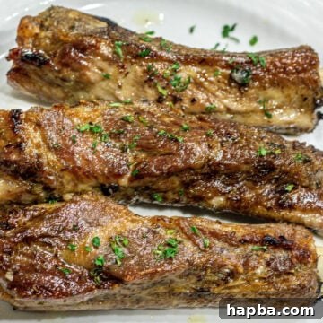 Three perfectly baked dry rub ribs resting on a pristine white plate, garnished for serving.