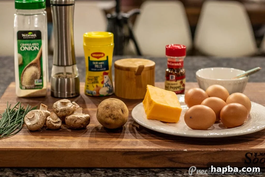Hearty Potato Egg Bake 5 A neatly arranged collection of fresh ingredients for Potato Frittata, including diced potatoes, mushrooms, chives, eggs, and seasonings, on a wooden chopping board.