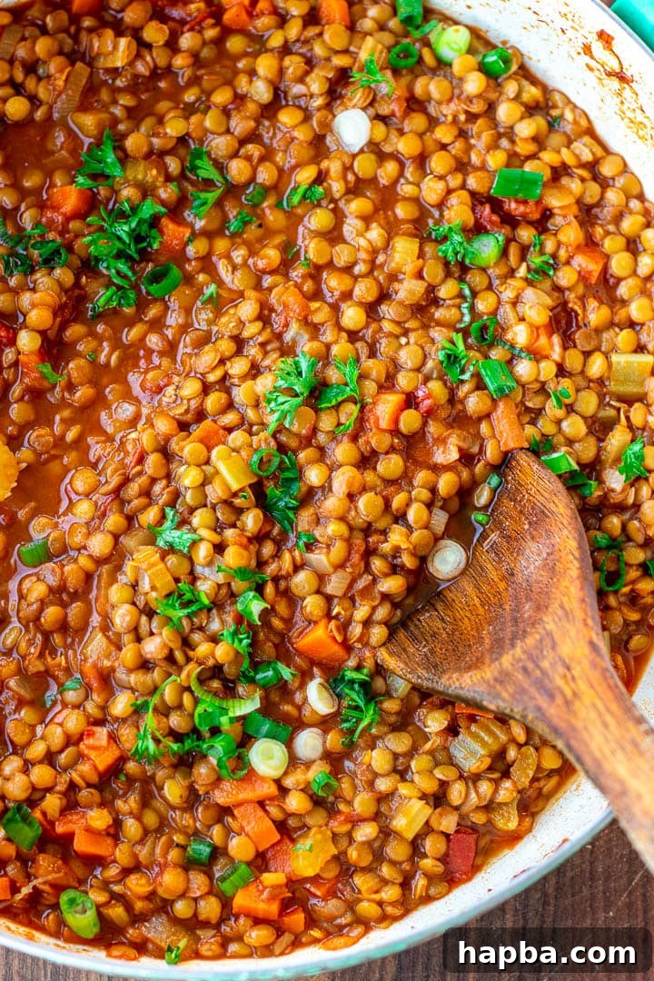 Hearty Lentil Pot 9 A pot of Lentil Stew garnished with chopped fresh parsley and green onions