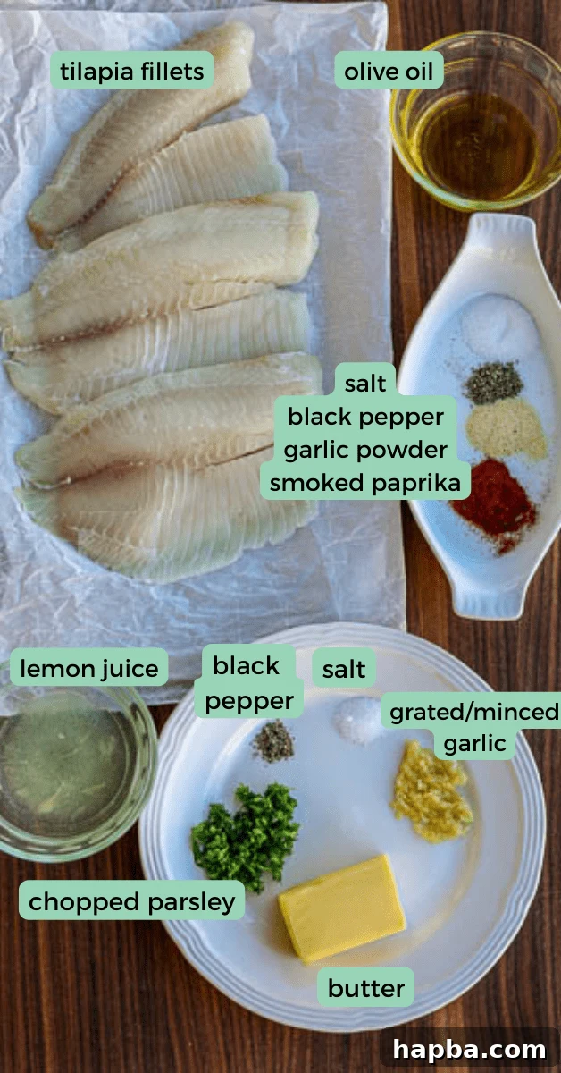 Zesty Lemon Butter Tilapia 4 All ingredients laid out on a table for making tilapia with lemon butter.