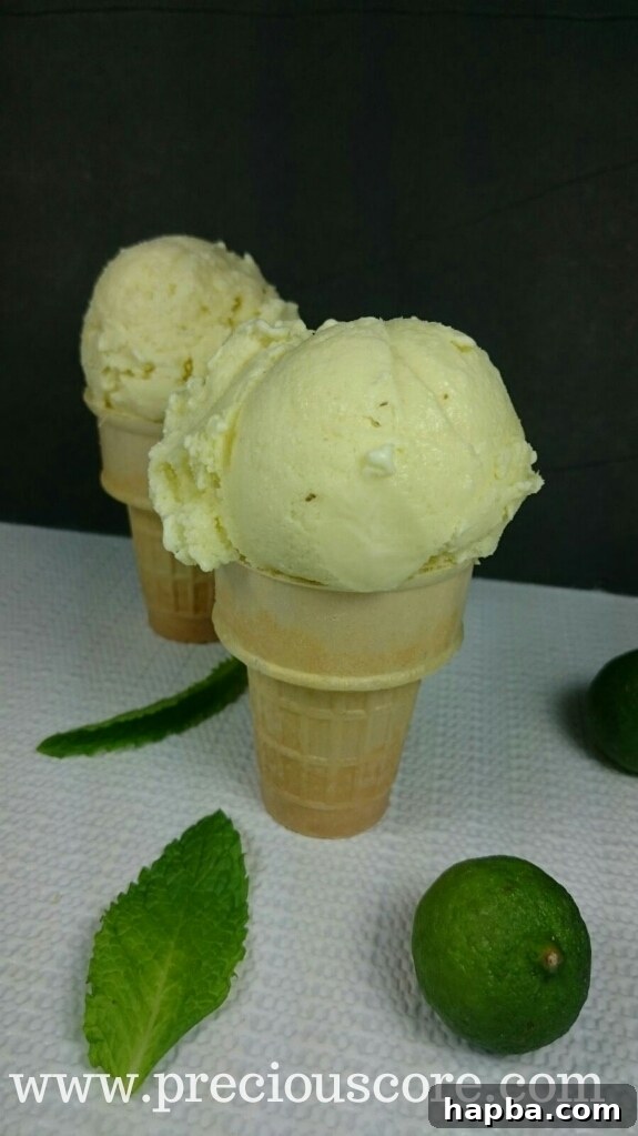 Scoops of Key Lime Mint Ice Cream in a bowl