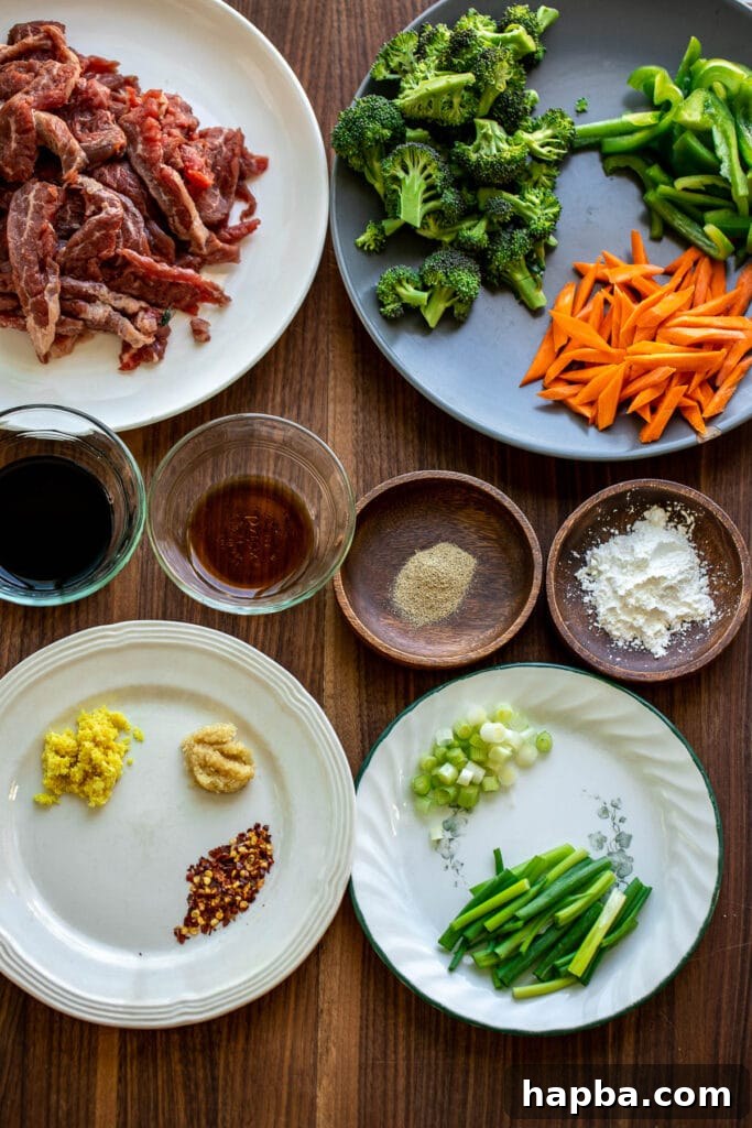 Beef and Vegetable Stir Fry Ingredients on a board