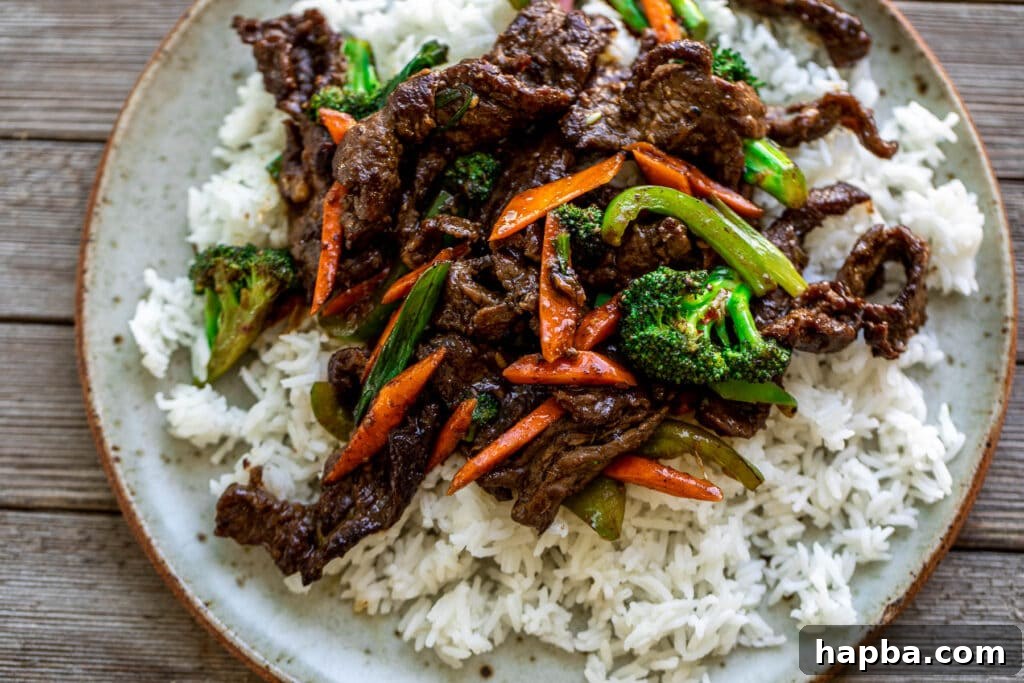 Beef Stir Fry over rice, ready to be enjoyed