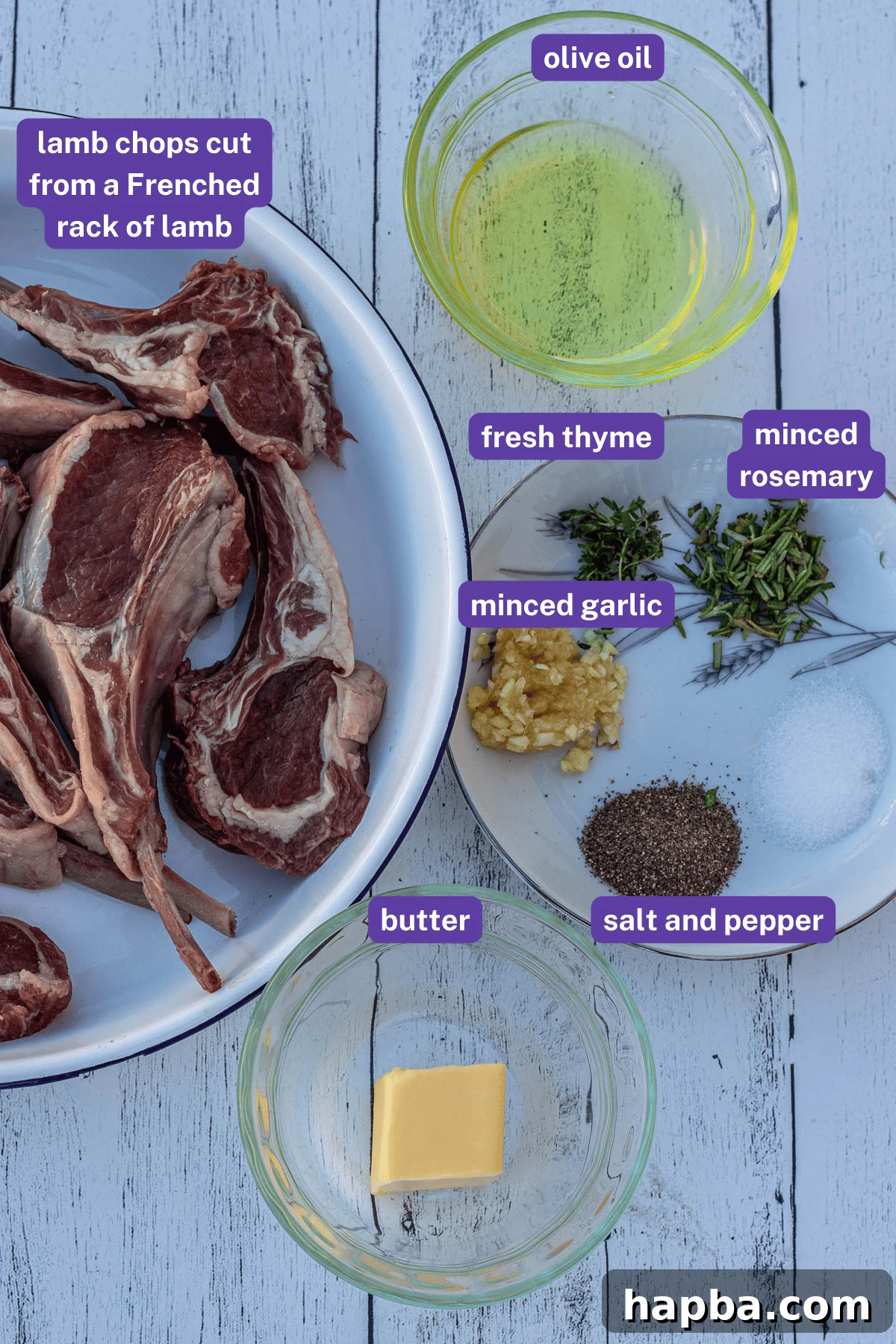 Labeled ingredients laid out for pan seared lamb chops, including fresh herbs, butter, garlic, and lamb chops.
