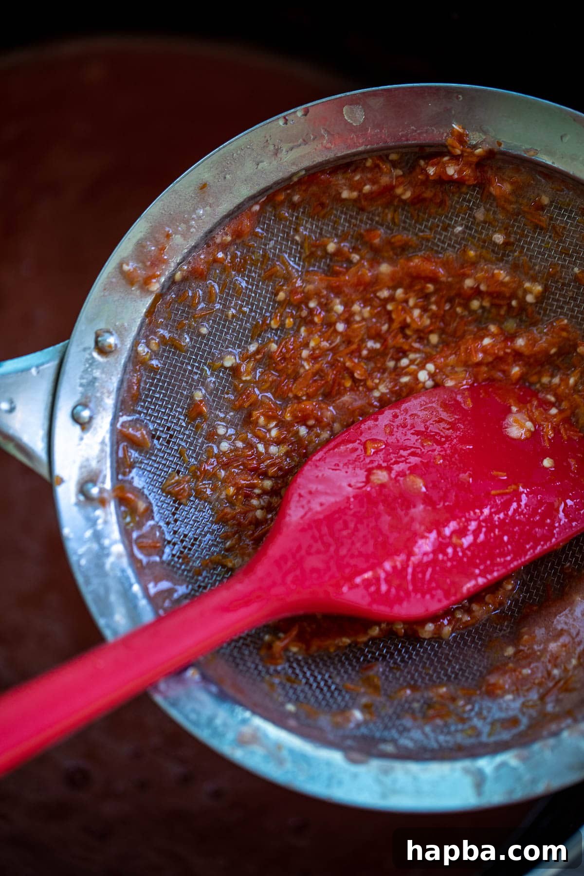 Artisan Homemade Tomato Paste 7 Tomato seeds and pulp collected in a fine mesh sieve after straining the puree