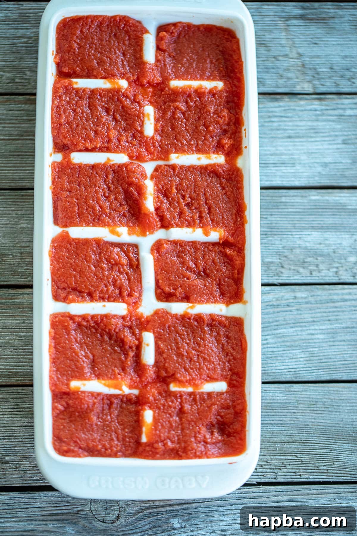 Artisan Homemade Tomato Paste 9 Homemade tomato paste portioned into an ice cube tray, ready for freezing
