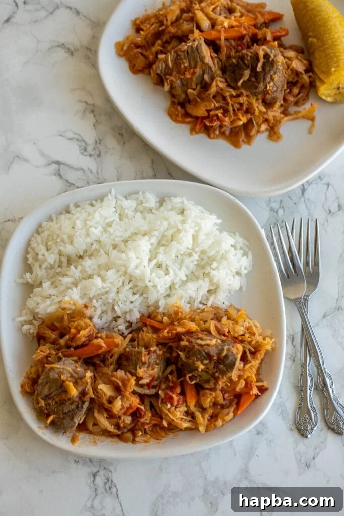 A plate featuring Cabbage Stew served with fluffy white rice and sweet fried plantains, offering a balanced and flavorful meal.