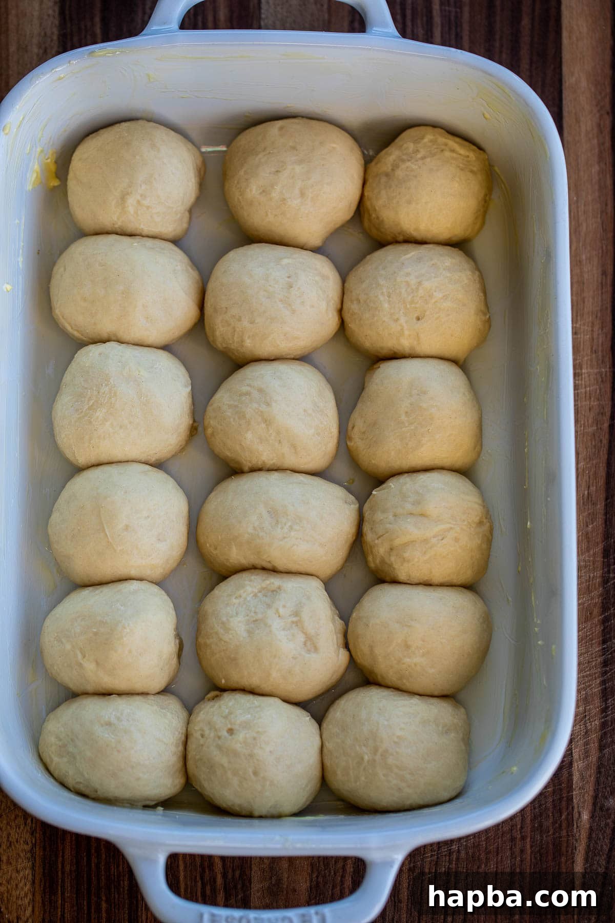 Unrisen shaped dinner rolls placed neatly in a greased baking dish.