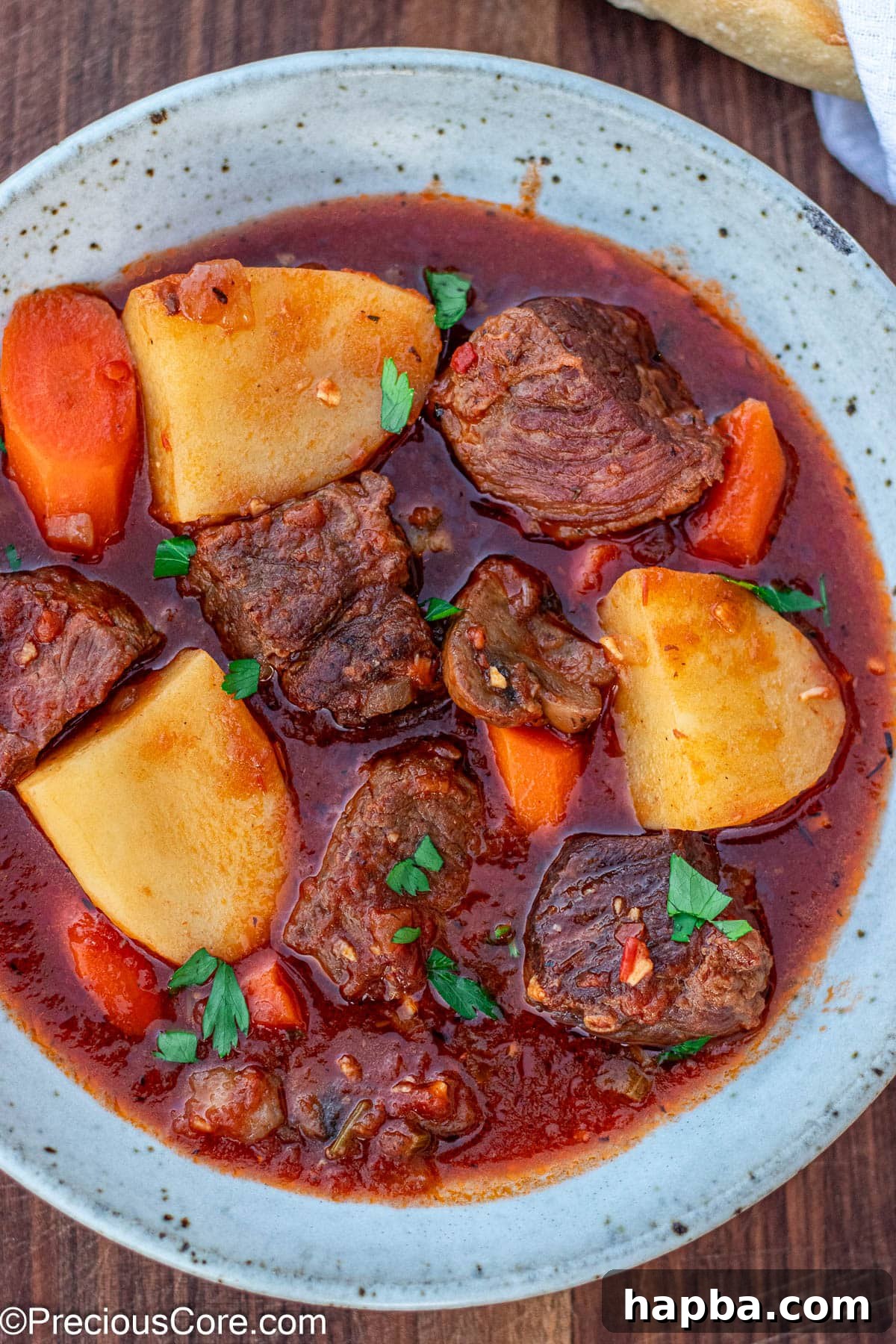 Non-Alcoholic Beef Stew 2 Beef Stew Without Wine in a bowl, showcasing its rich, thick sauce and tender ingredients.