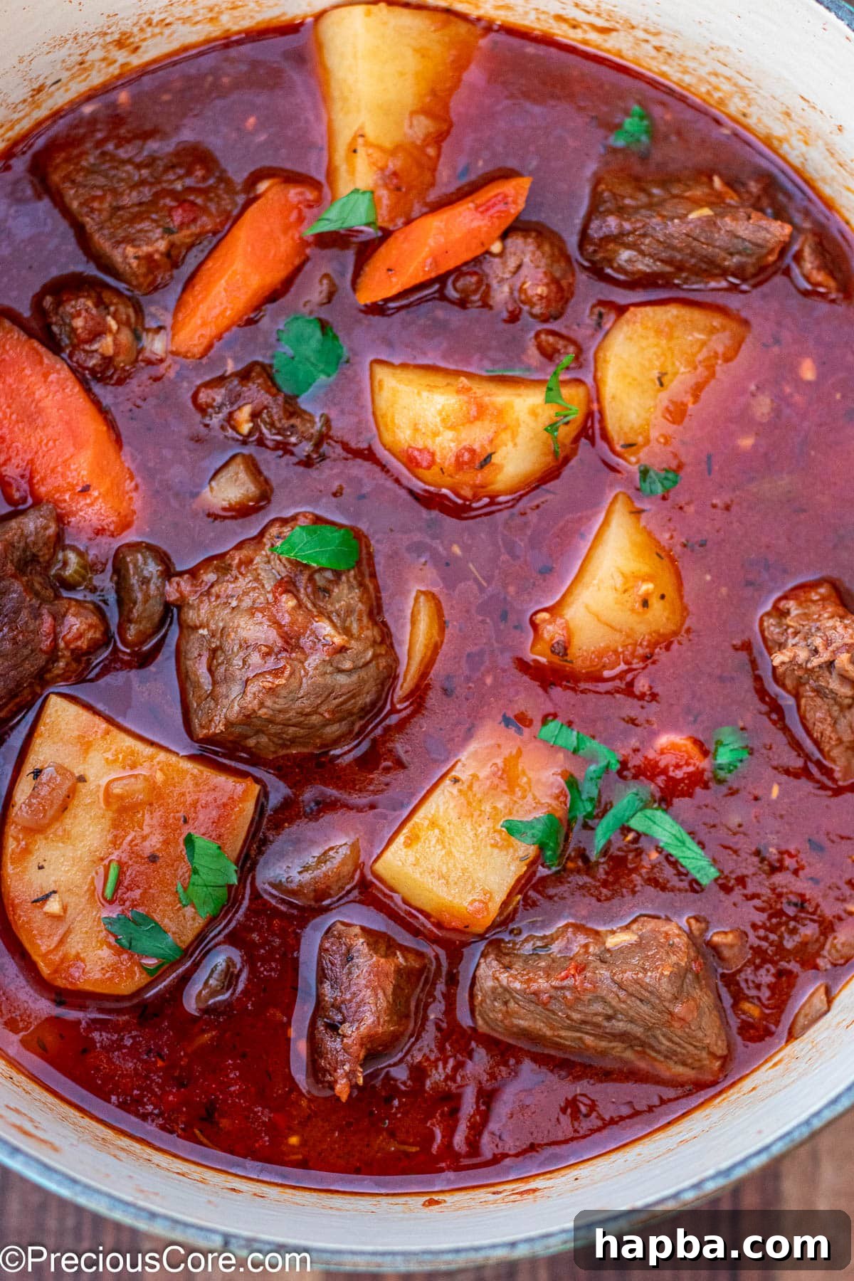 Non-Alcoholic Beef Stew 12 Completely cooked beef stew without wine, ready to be served from the Dutch oven.