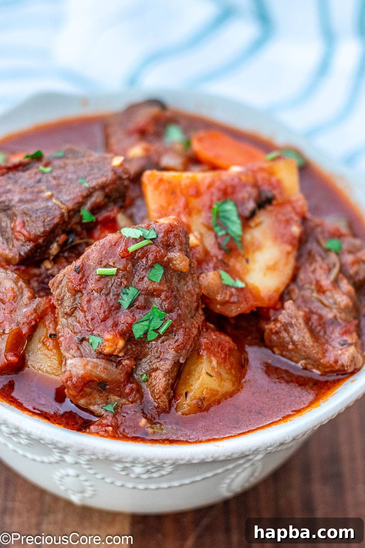 Non-Alcoholic Beef Stew 4 A top-down view of beef stew without wine in a pristine white bowl, garnished beautifully.