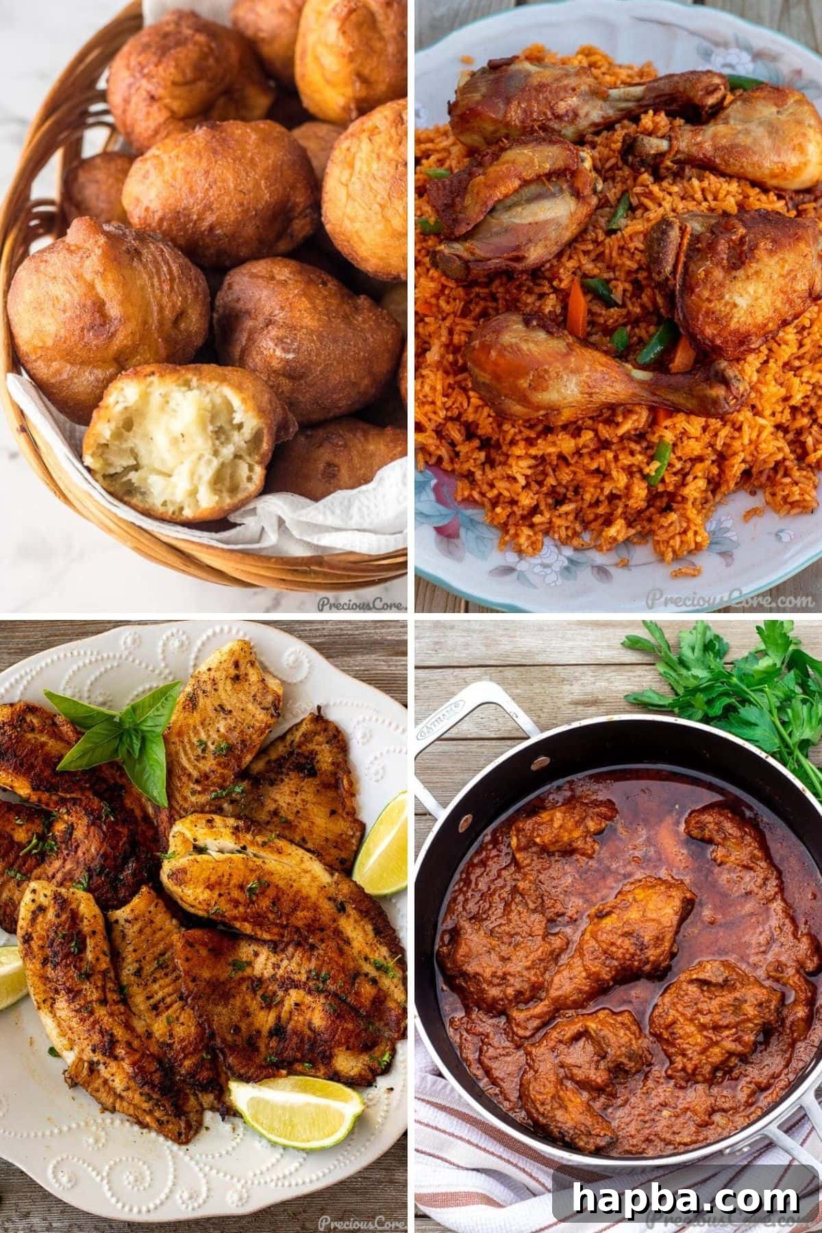 Collage of 4 different images of foods which are part of the top ten 2022 recipes on this website, including seafood, a dessert, and a stew.