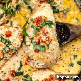 A tender piece of chicken breast immersed in a creamy sauce, lifted by a wooden spoon, showcasing its rich texture.