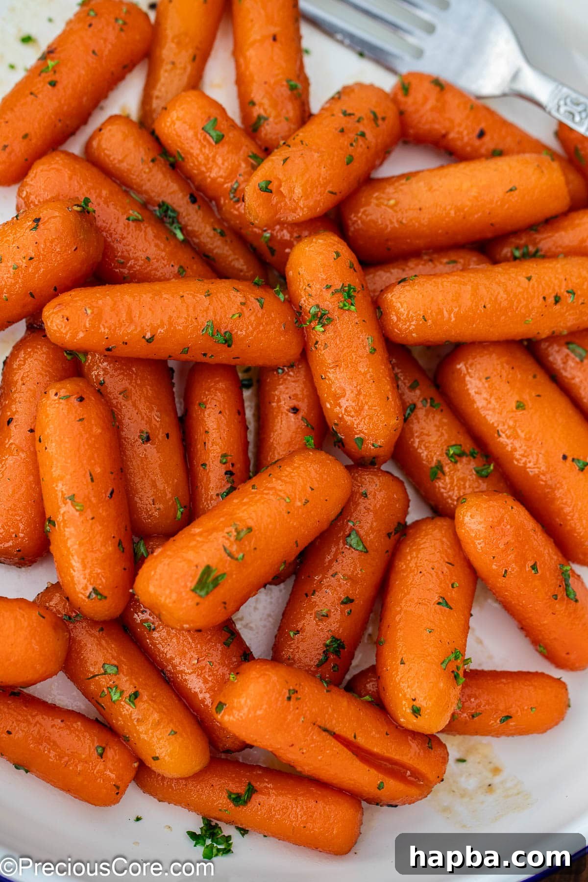 Brown sugar honey glazed carrots beautifully arranged on a white plate.