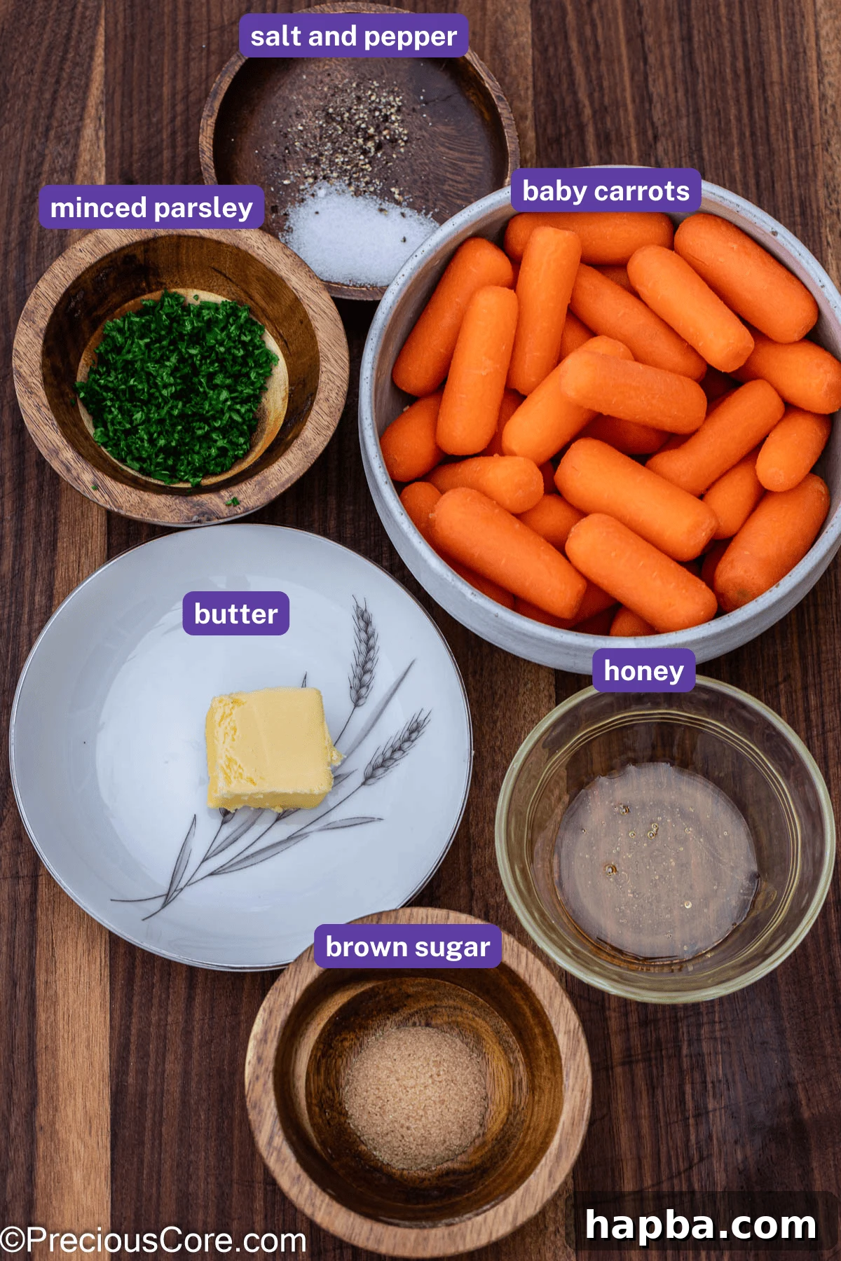 Lined up ingredients for brown sugar honey glazed carrots with individual labels.