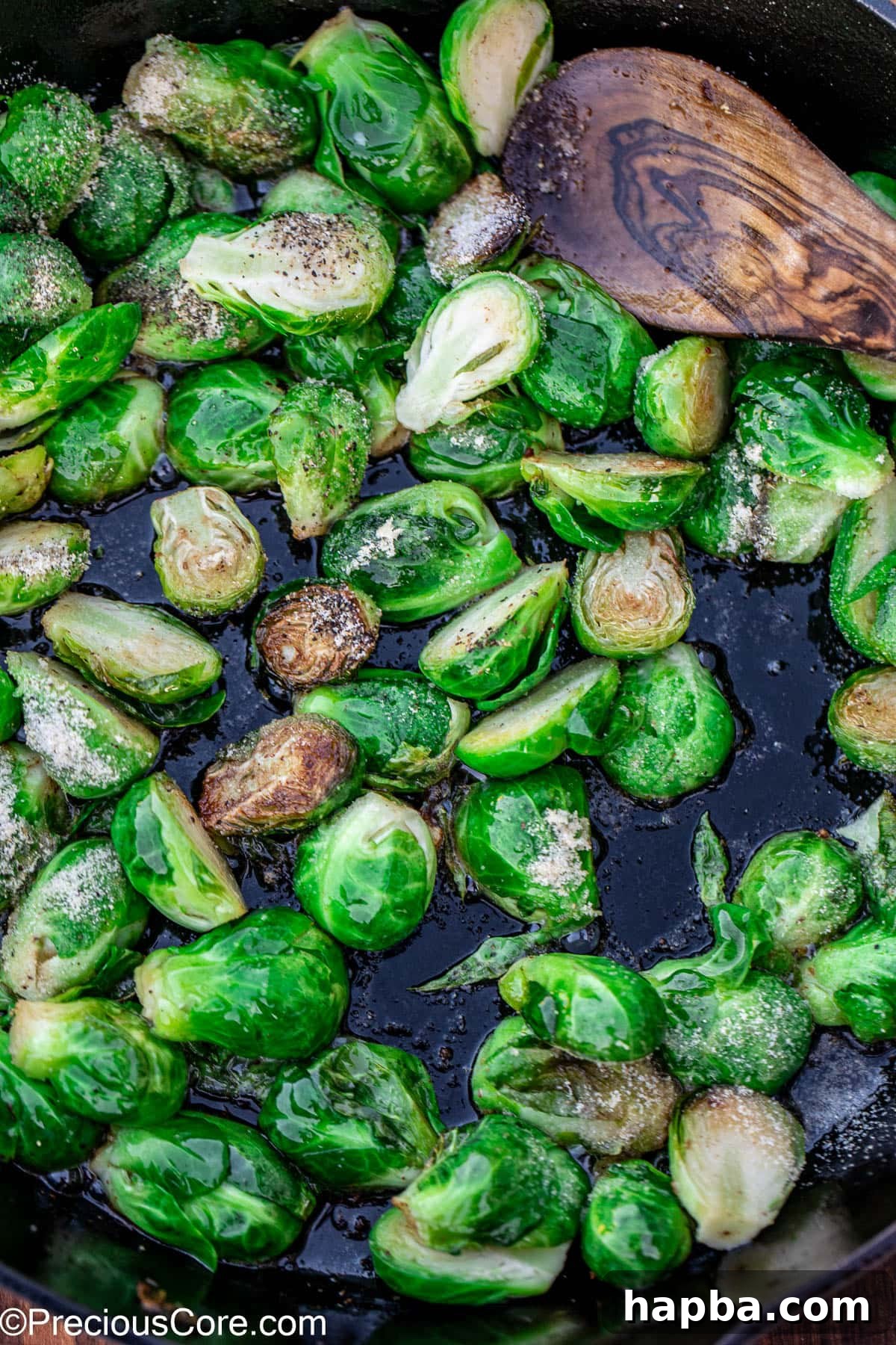Caramelized Brussels Sprouts with Crispy Bacon 8 Bright green Brussels sprouts sprinkled with salt and pepper.