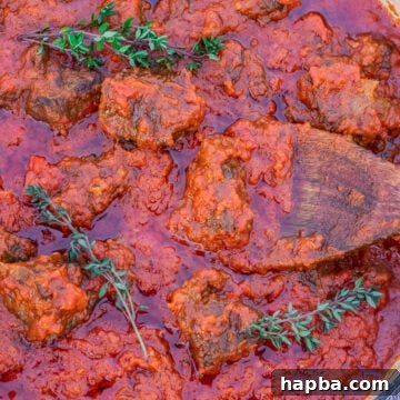 Big pot of red tomato beef stew.