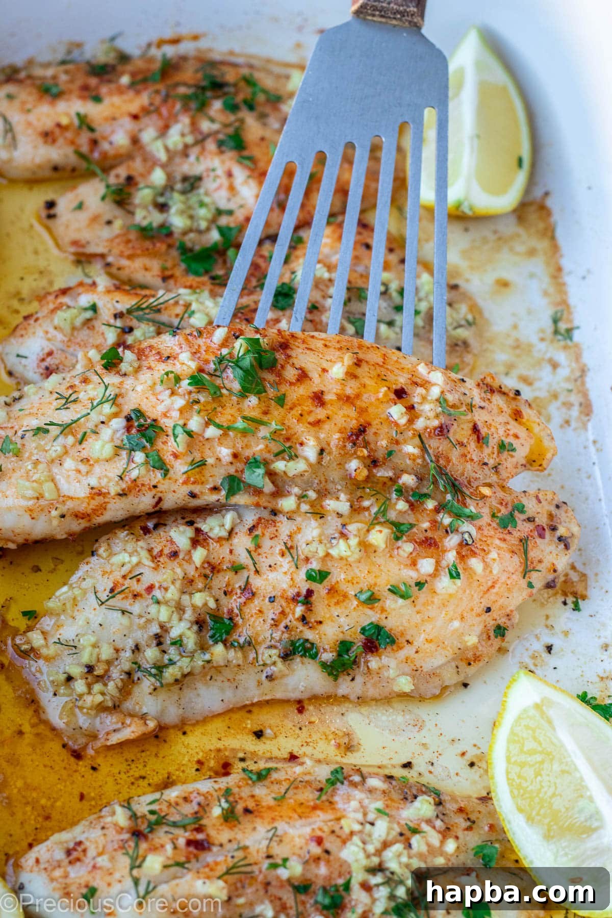 Tilapia fillet glistening with garlic butter sauce on top, ready for baking.