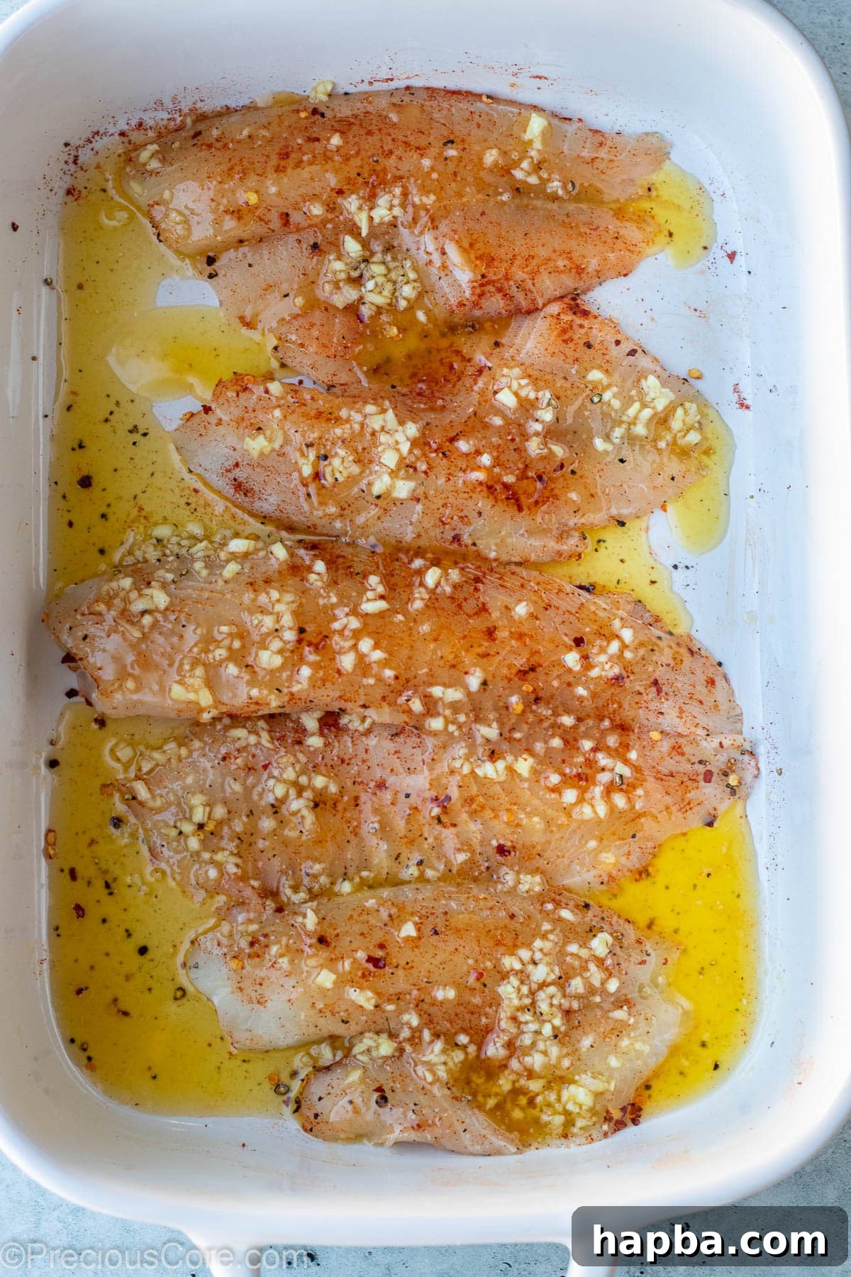 Raw fish fillets completely covered with the flavorful garlic butter sauce, ready for the oven.