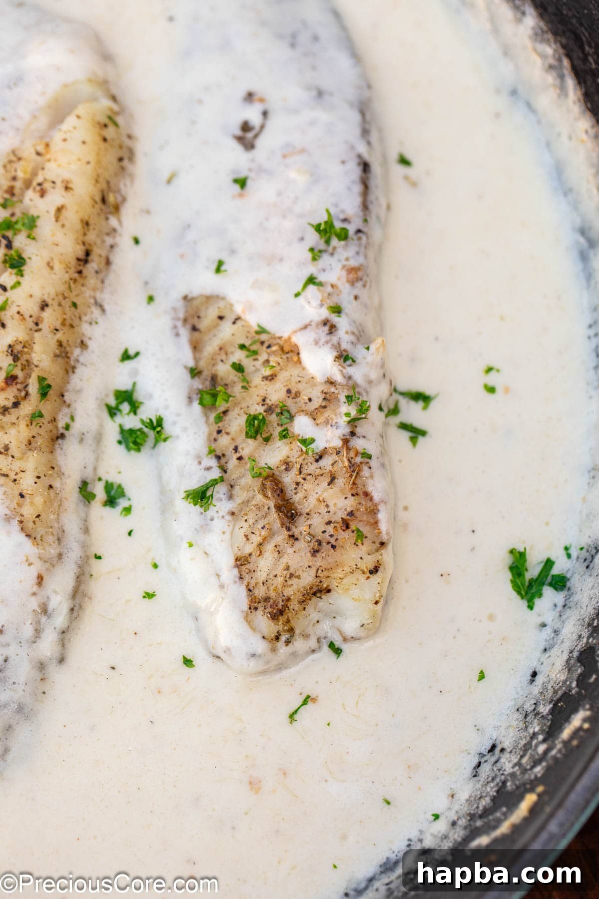 Creamy White Sauce Fish 11 Fish in white sauce generously garnished with fresh minced parsley, ready to be served.