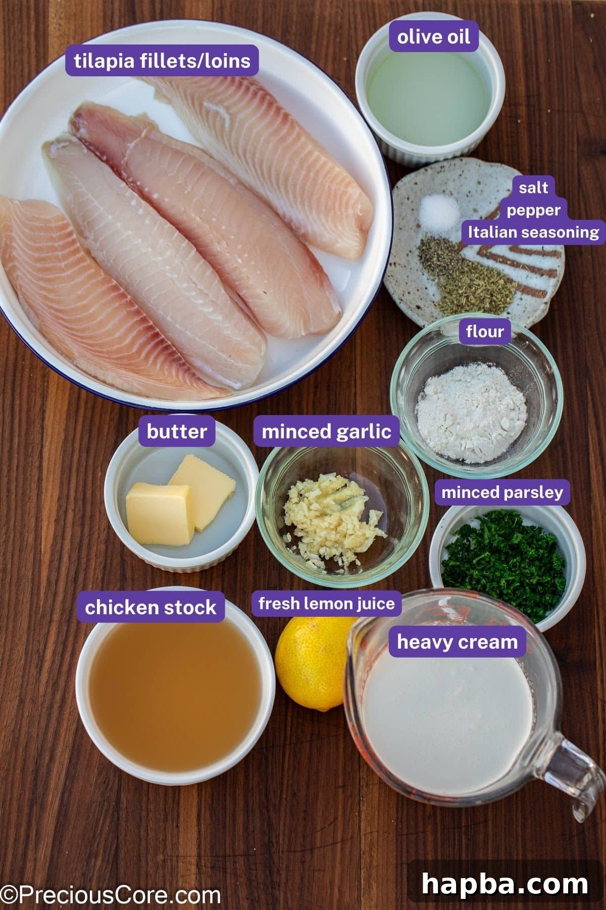 Creamy White Sauce Fish 4 All measured ingredients neatly laid out for the fish in white sauce recipe.