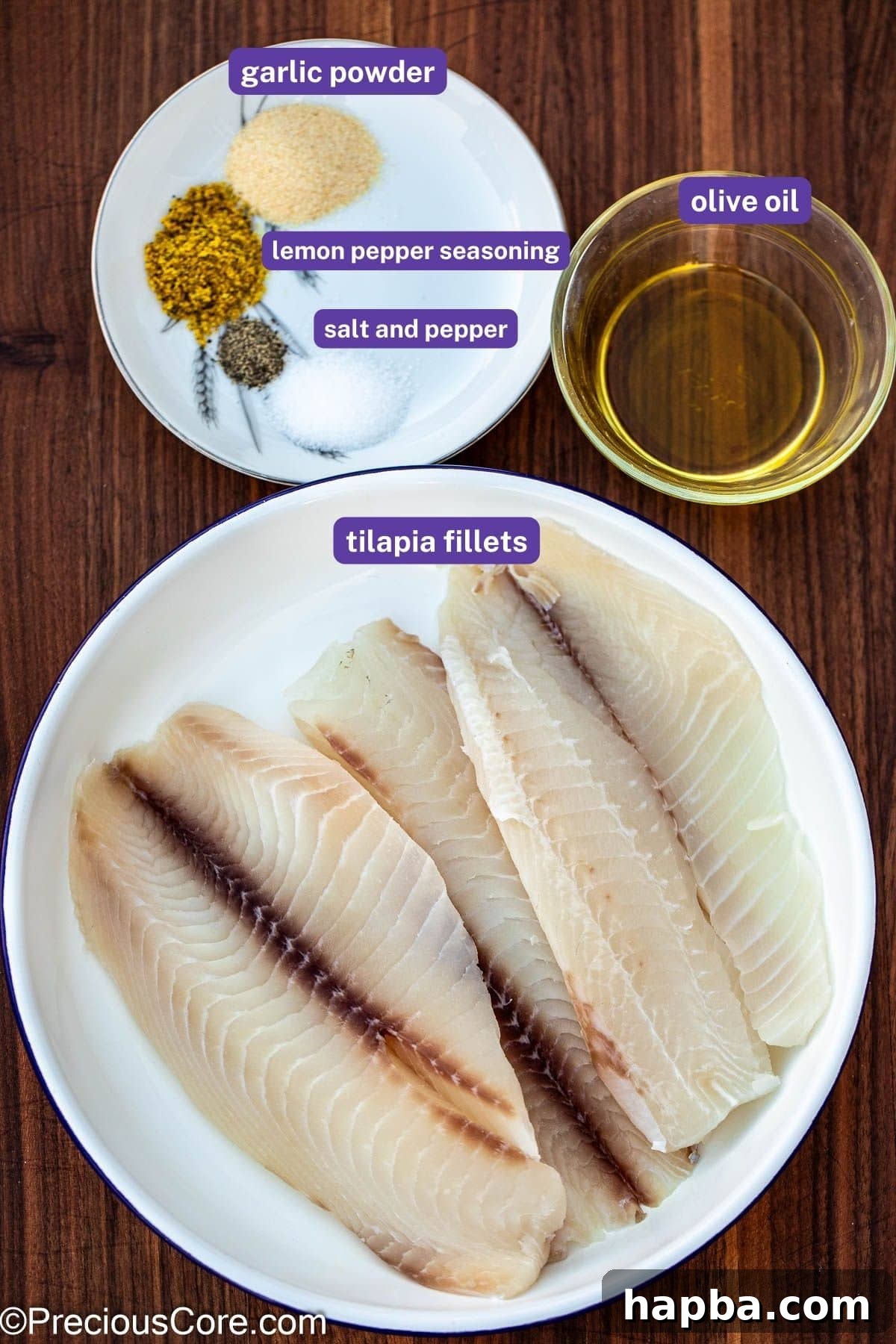 Zesty Lemon Pepper Tilapia 4 Ingredients for lemon pepper fish with labels on them.