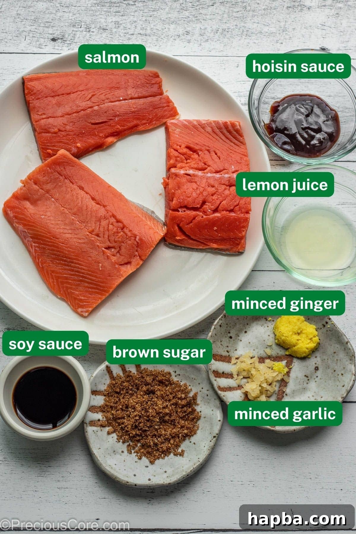 Ingredients for teriyaki salmon with labels.