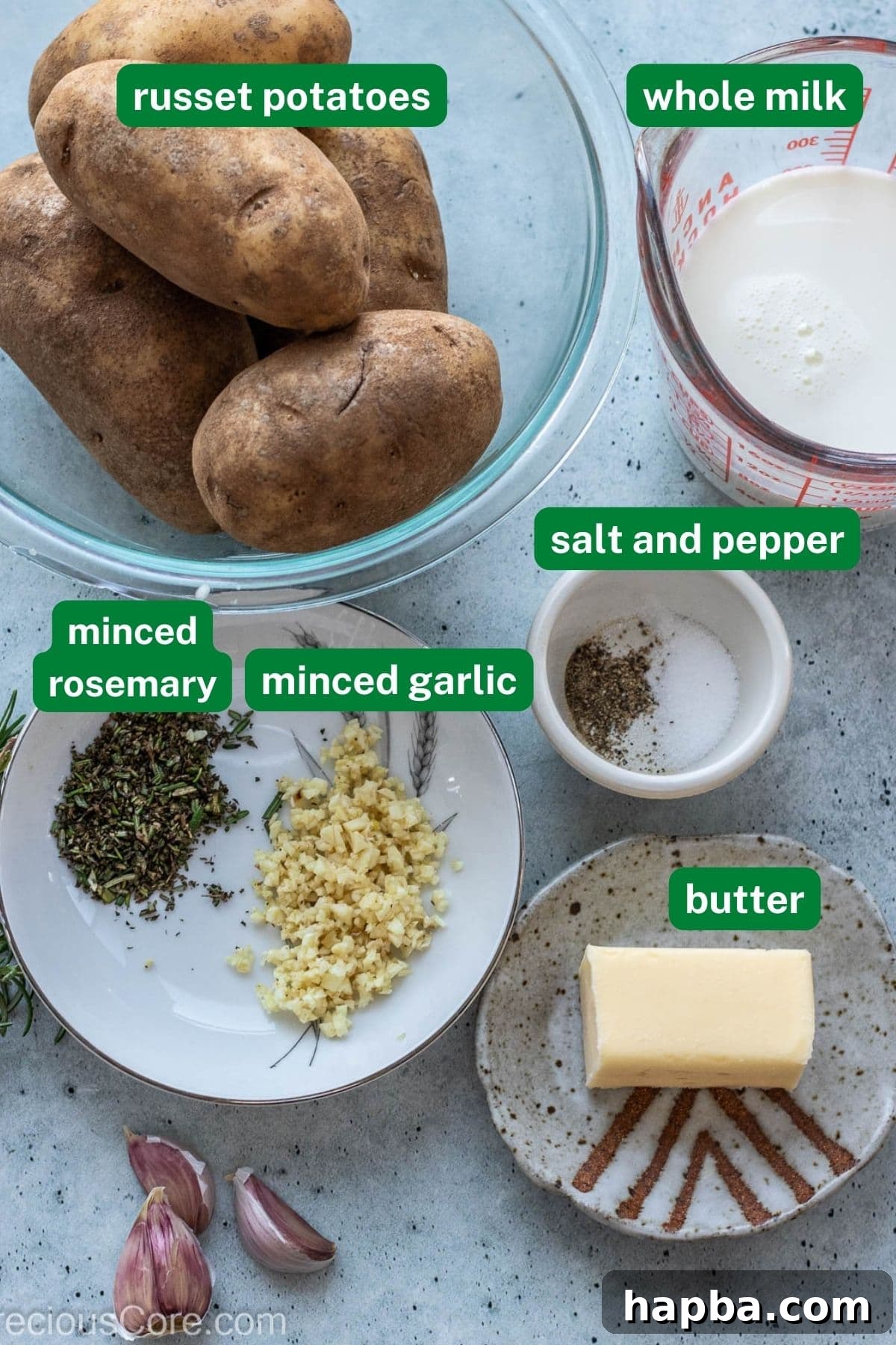 Potatoes, milk, minced garlic and rosemary. salt and pepper, and butter.