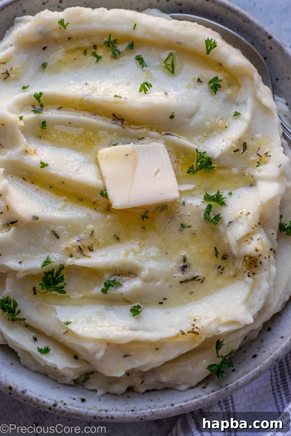 Close up shot of mashed potatoes in a bowl.