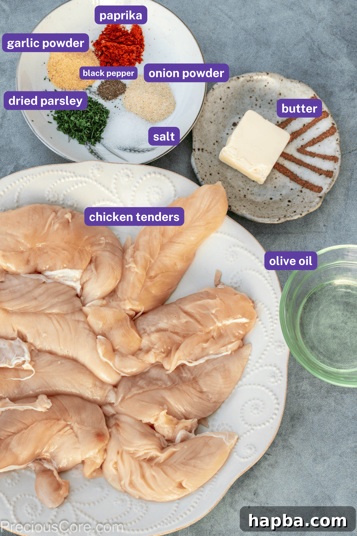 Crispy Pan-Seared Chicken Tenders 4 Layed out ingredients for pan seared chicken tenders including chicken, olive oil, spices, and butter, clearly labeled.