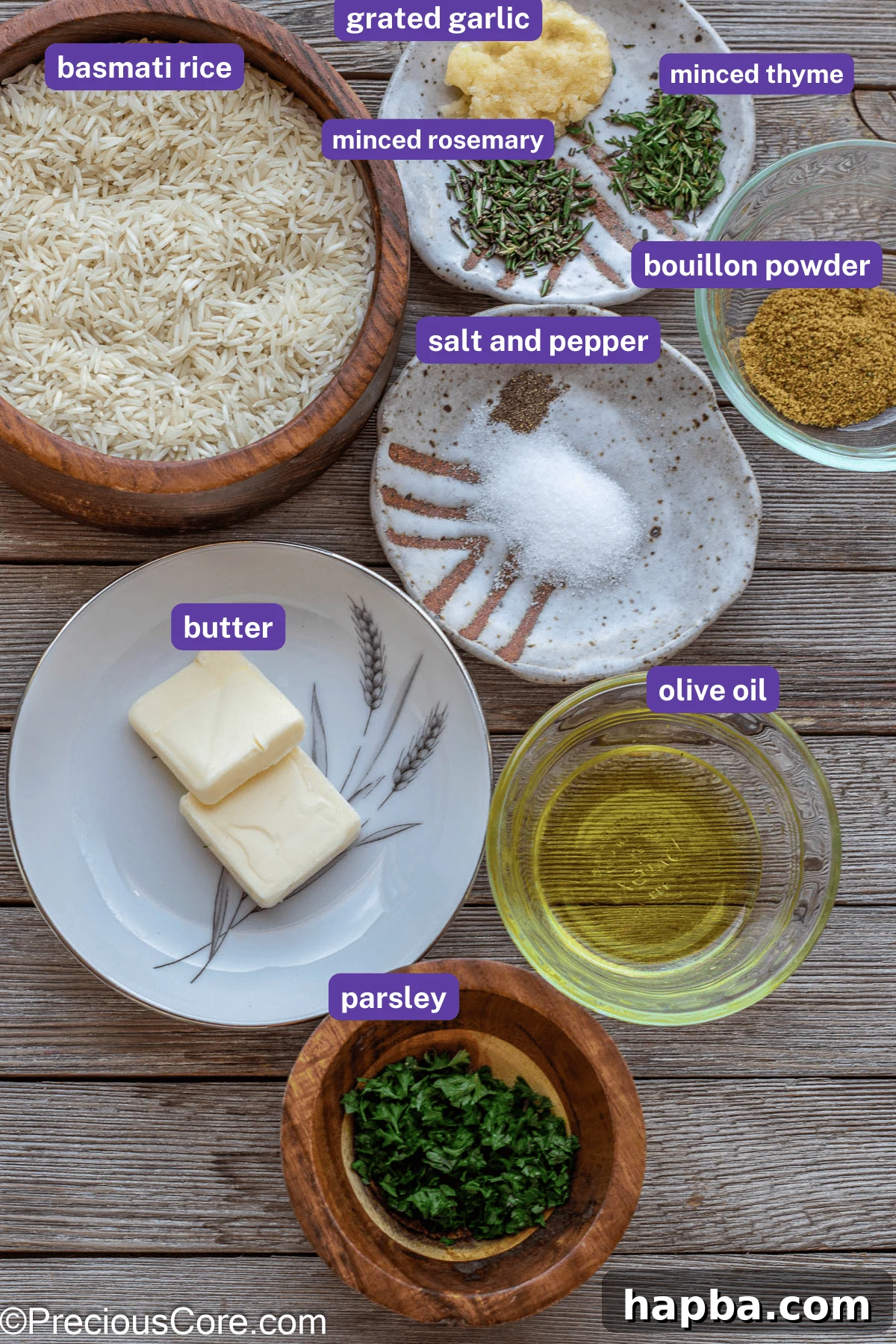 Clearly labeled prepped ingredients for making garlic herb rice, including fresh herbs, garlic, and rice.