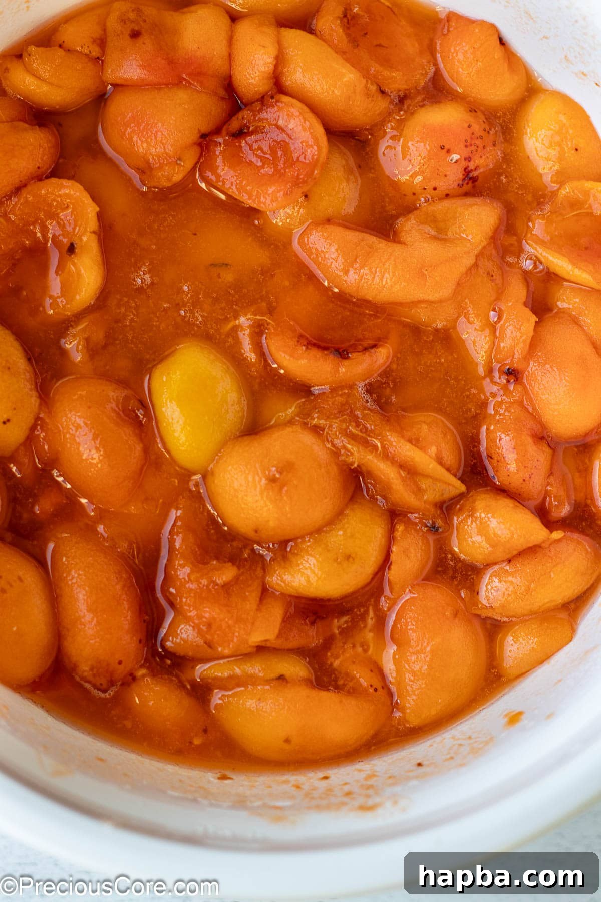 Sunshine Apricot Spread 7 Apricot fruit mixture, now liquidy and syrupy, after macerating in lemon juice and sugar.