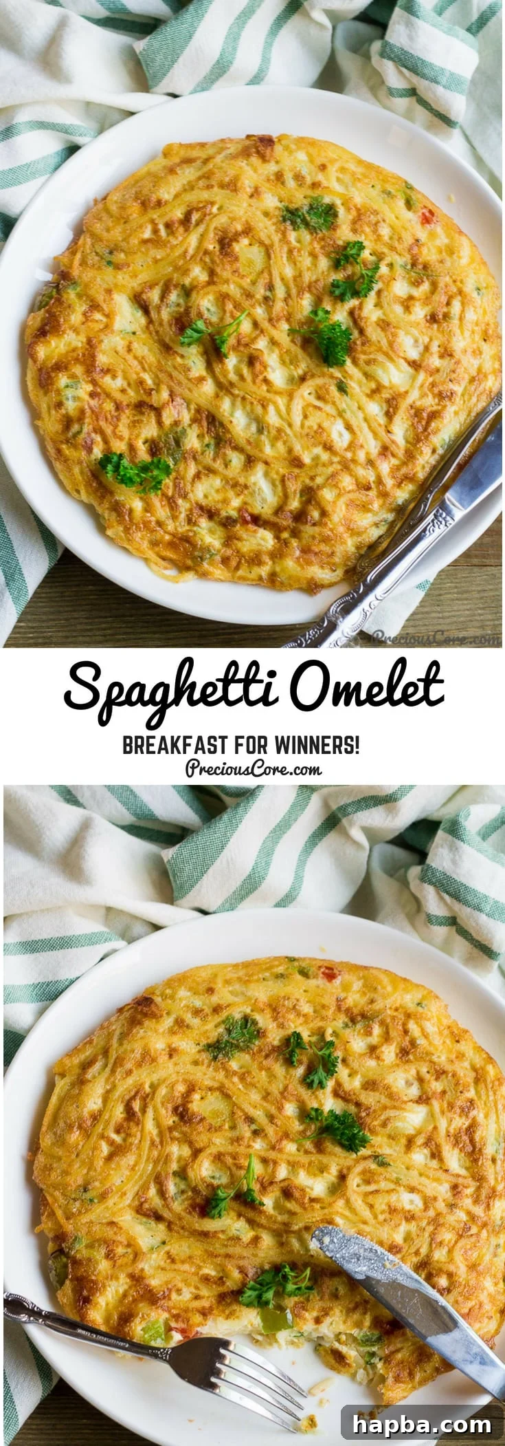 Collage with text "Spaghetti Omelet Breakfast for Winners!" featuring a delicious spaghetti omelette